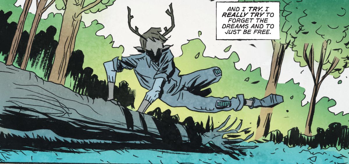 Un ragazzo con le corna volteggia su un tronco caduto in una foresta, in Sweet Tooth: The Return # 1, DC Comics (2020). 