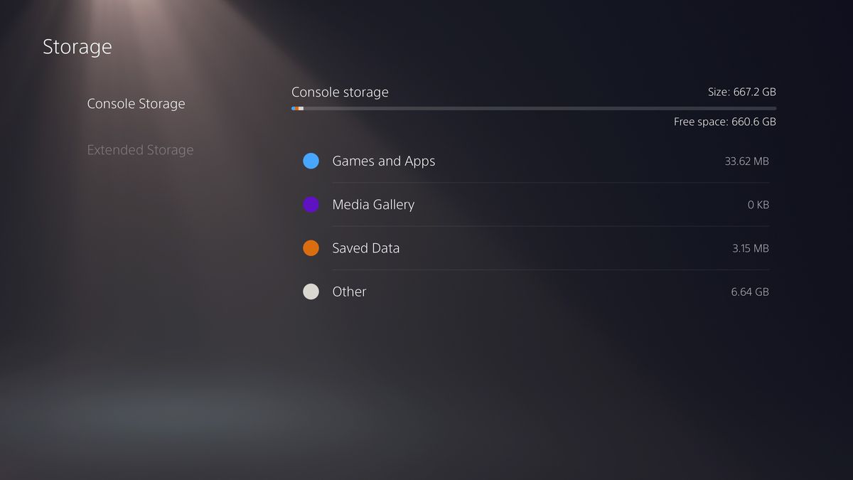 The PlayStation 5’s storage menu after a full console reset