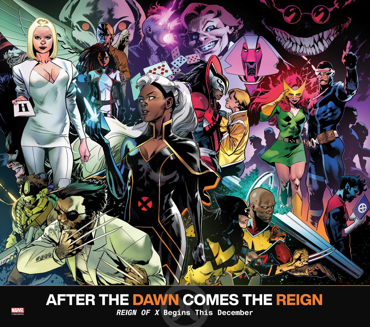 Un collage promozionale Marvel di dozzine di eroi e cattivi degli X-Men, da Storm e Mr. Patch a Nimrod e Cyclops, per Reign of X (2020).