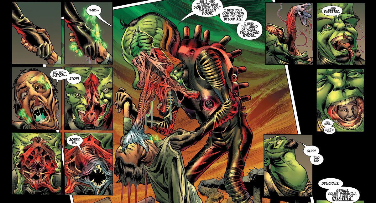 Il Leader consuma l'anima del padre morto di Bruce Banner, la sua faccia si spacca per rivelare ed estendere una terribile proboscide con una bocca simile a una lampreda all'estremità, prima di ritrarsi nel suo cranio in modo da poter deglutire, la gola che si distende in maniera grossa in Immortal Hulk # 39 , Marvel Comics (2020). 