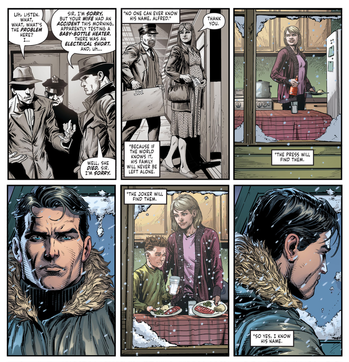Gli agenti di polizia in passato aiutano a fingere la morte della moglie del Joker, mentre nel presente, Bruce Wayne guarda lei e suo figlio nel presente, in Three Jokers # 3, DC Comics (2020). 