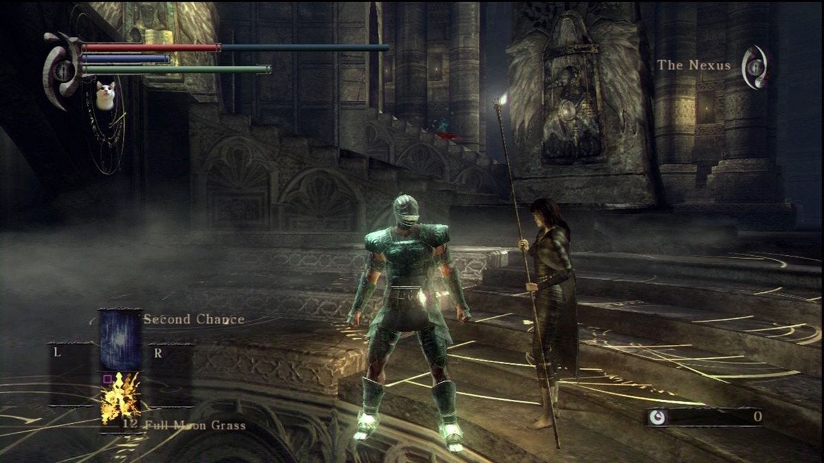 Uno screenshot dell'originale Demon's Souls, con il giocatore nel Nexus e l'icona Cat's Ring visualizzati.