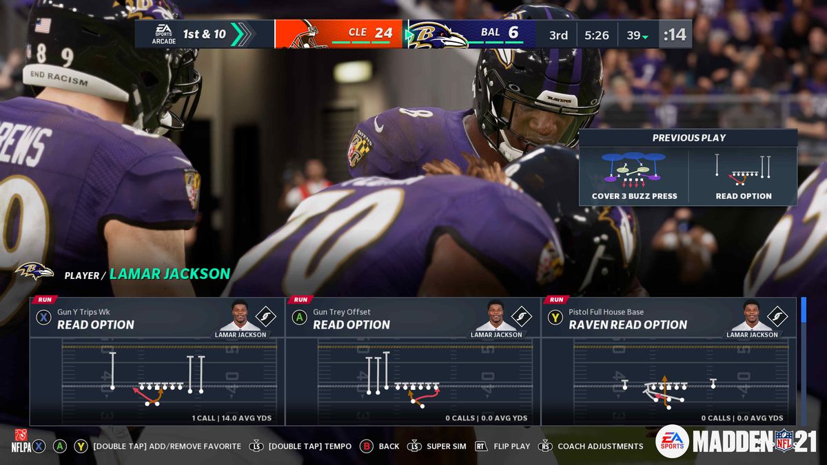 Screenshot di una schermata di playcalling in Madden NFL 21