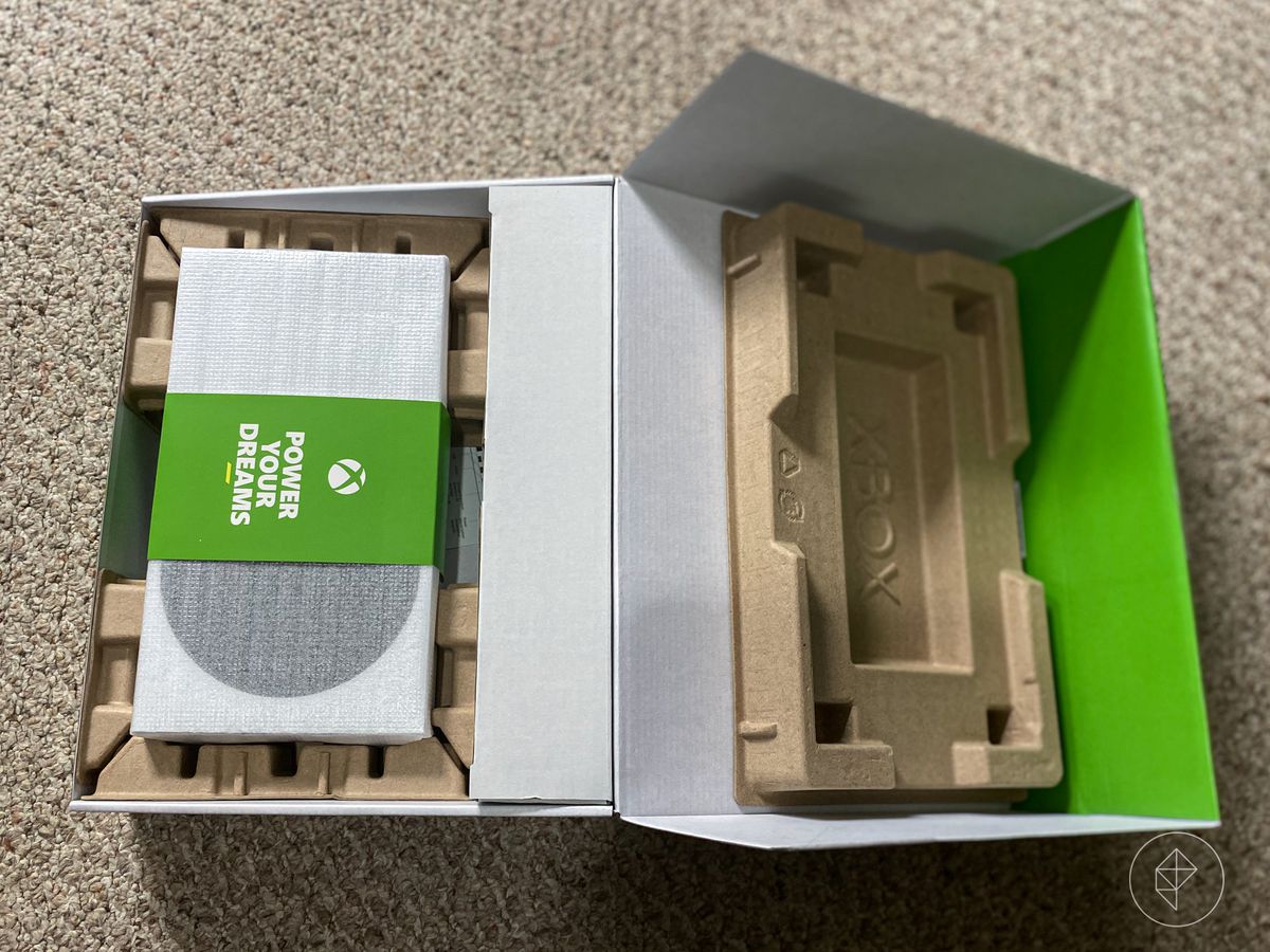 an overhead photo of the Xbox Series S in its packaging