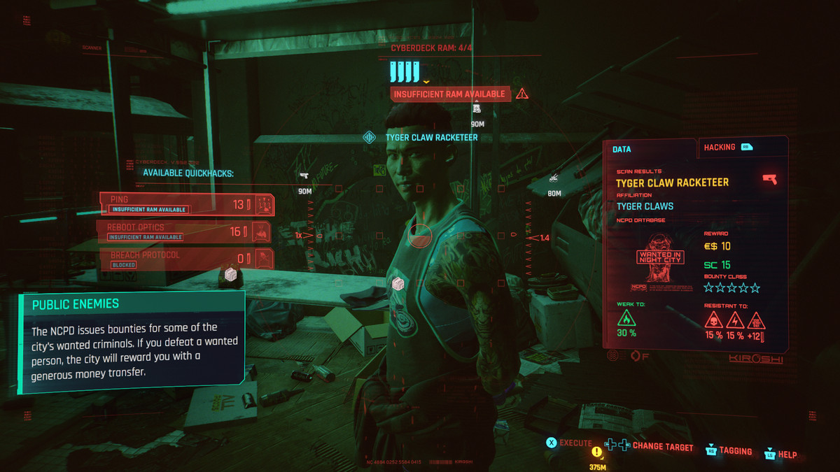A screen in Cyberpunk 2077 displaying information about an NPC