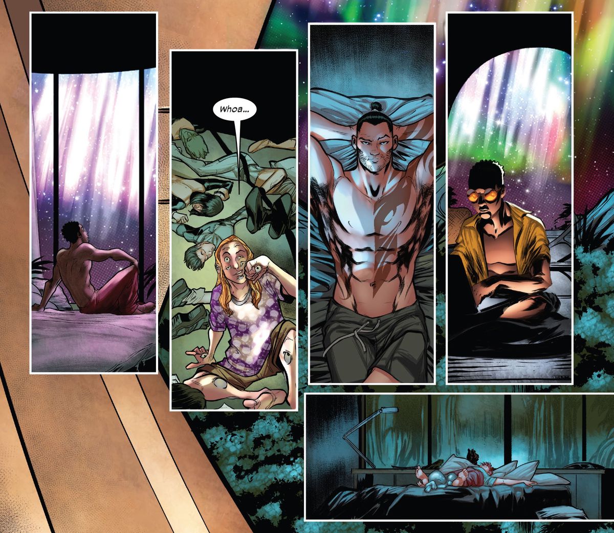 I membri di X-Factor, tra cui Eye-Boy, Daken e Prodigy, notano lo spettacolo di luci di Northstar e Aurora dalle loro varie posizioni nella torre di Krakoa Boneyard in X-Factor # 5, Marvel Comics (2020). 