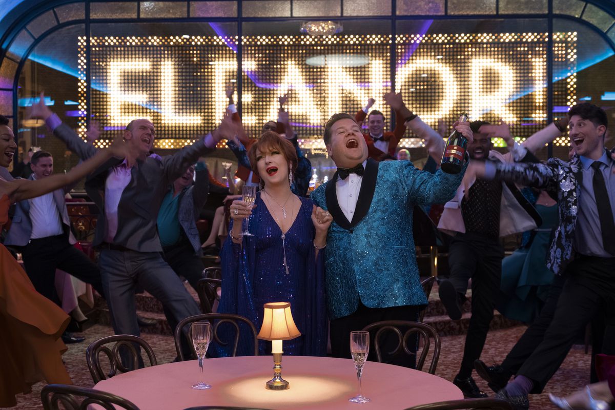 Meryl Streep and James Corden sing in front of a giant song that says “Eleanor” in The Prom