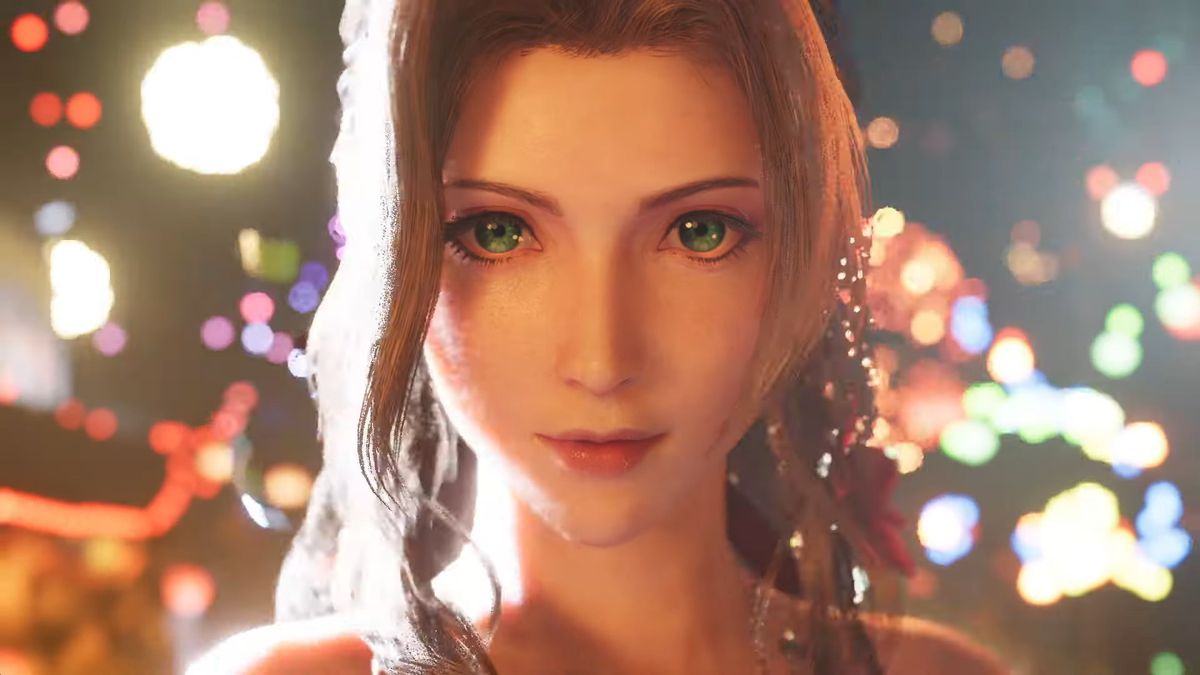 Aerith è bellissima e curata mentre i fuochi d'artificio si accendono dietro di lei in Final Fantasy 7 Remake.
