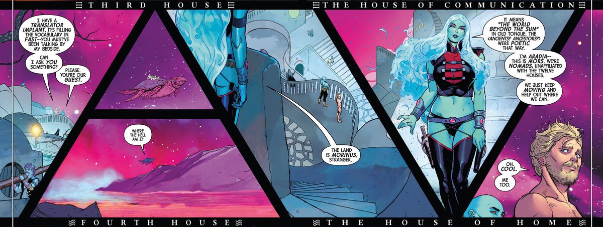 Peter Quill incontra un duo di sexy alieni blu che vivono sul dorso di una tartaruga volante mentre sfreccia attraverso un paesaggio magenta, in Guardians of the Galaxy # 9, Marvel Comics (2020). 