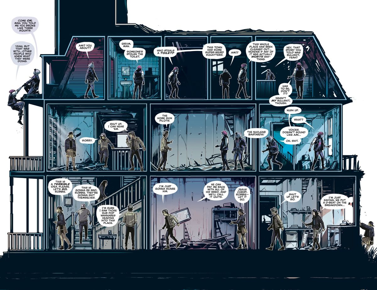 In una doppia pagina che è anche un diagramma in sezione di una casa fatiscente, due gruppi di adolescenti convergono l'uno sull'altro dai loro punti di ingresso opposti, in Home Sick Pilots # 1, Image Comics (2020). 