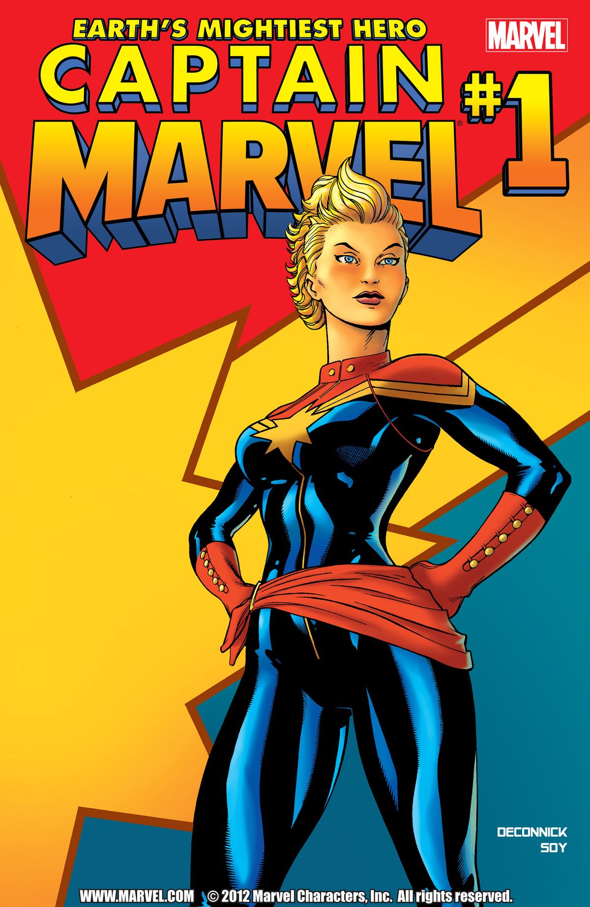 Carol Danvers as Captain Marvel on the cover of Captain Marvel #1, Marvel Comics (2012). 