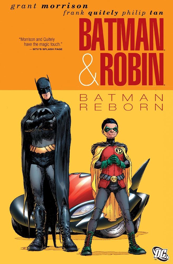 Batman (Dick Grayson) and Robin (Damian Wayne) stand read in front of a red Batmobile on the cover of Batman & Robin #1, by Grant Morrison and Frank Quietly, DC Comics (2009)