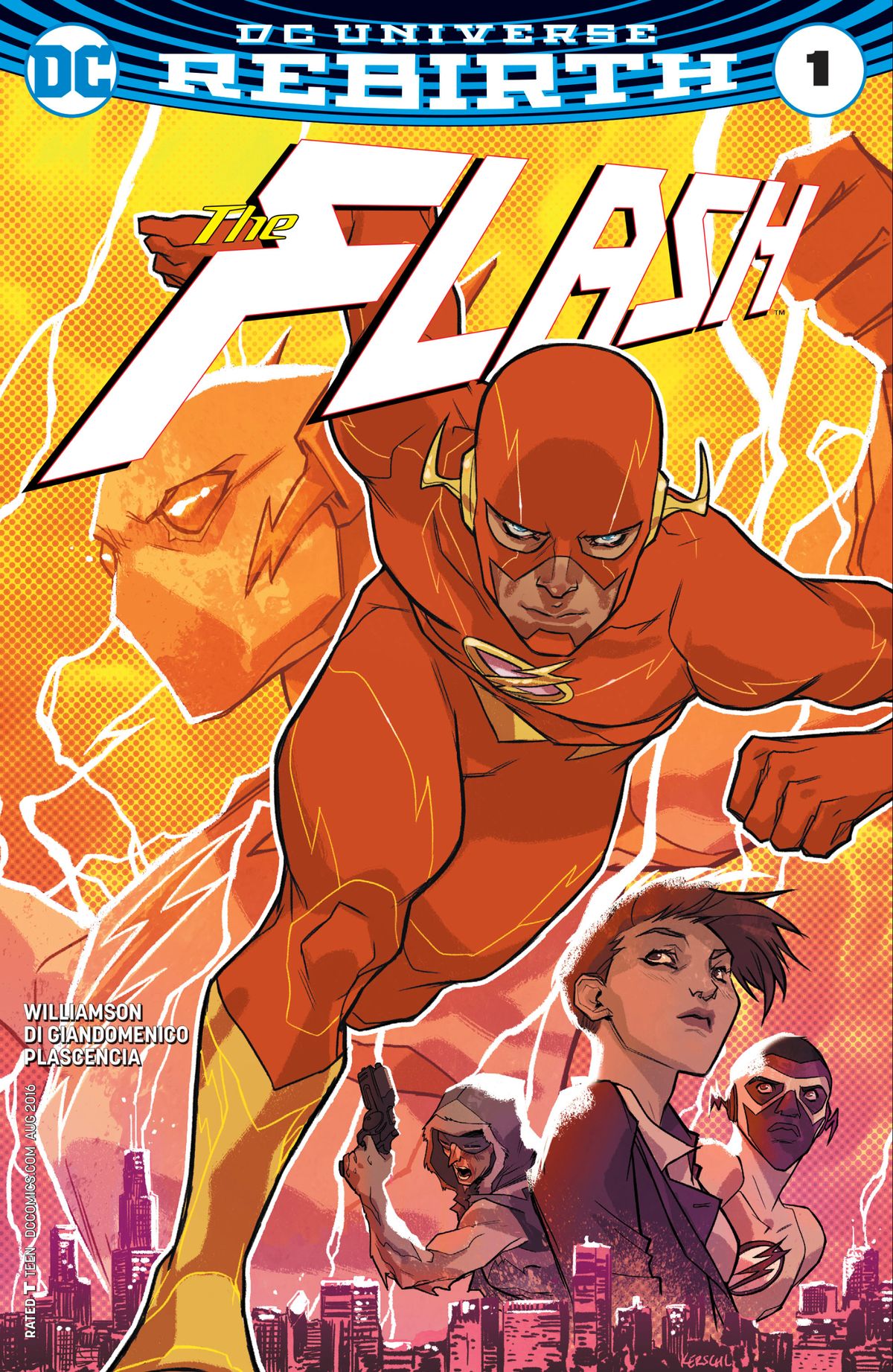 The Flash dashes through a lightning storm on the cover of The Flash #1, DC Comics (2016). 
