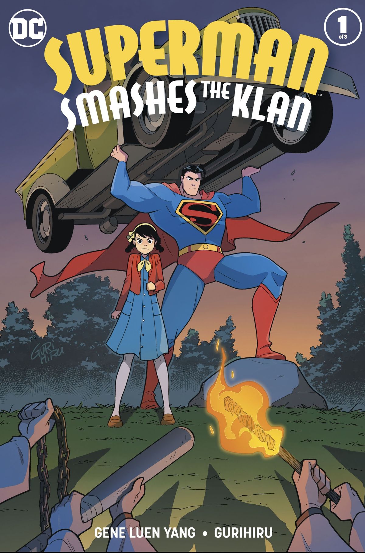 Superman hefts a car to throw at torch, chain, and bat-wielding enemies, alongside a young girl in a red jacket, on the cover of Superman Smashes the Klan #1, DC Comics (2019). 