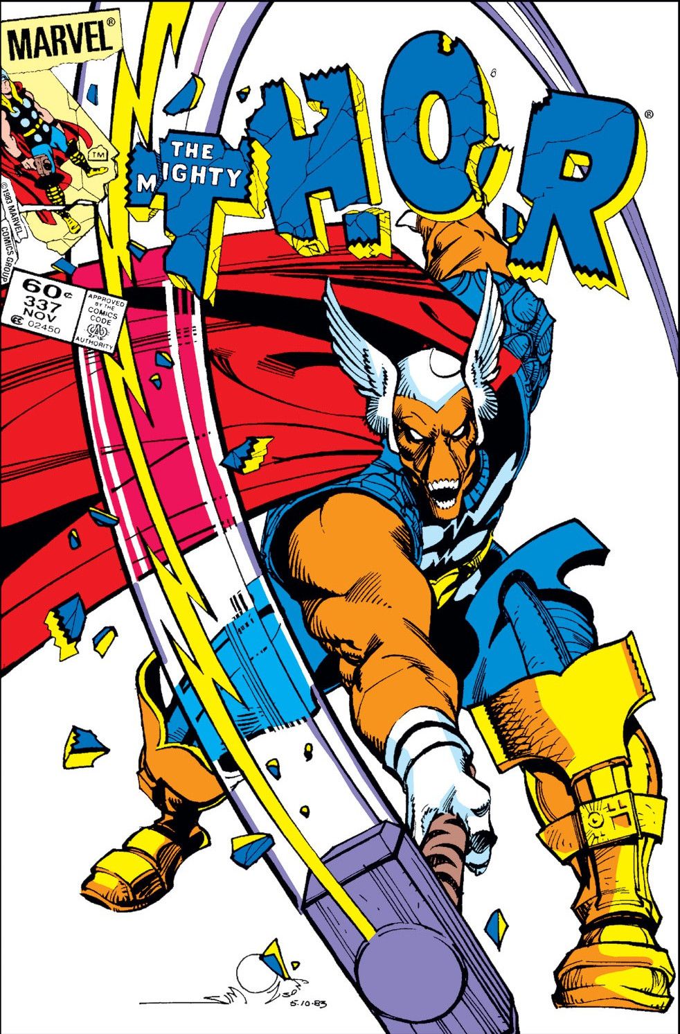 Beta Ray Bill — an orange space warrior with a face like a horse’s skull — swings Mjolnir down, smashing the letters “THOR” on the cover of Thor #337, Marvel Comics (1983). 