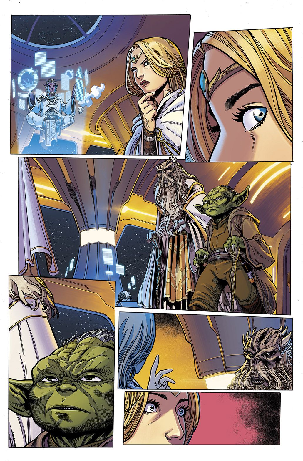 Jedi Master Avar Kriss distoglie lo sguardo sorpreso dalla levitante Estala Maru nel vedere i Grandmasters Veter e Yoda avvicinarsi, in Star Wars: The High Republic # 1, Marvel Comics (2021). 