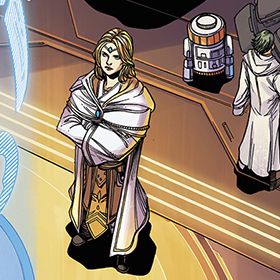 Jedi Master Avar Kriss è in piedi con un astromeccanico dalla cima arancione dietro di lei, in Star Wars: The High Republic # 1, Marvel Comics (2021).