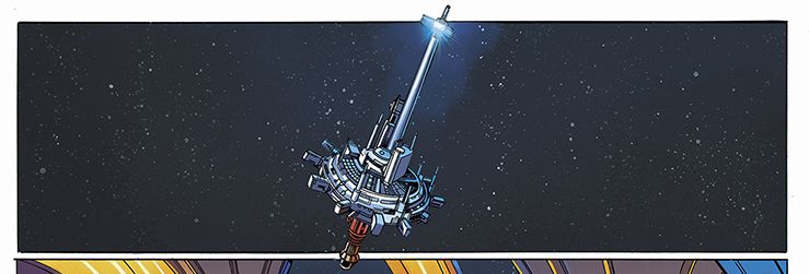 Lo Starlight Beacon, con la sua enorme guglia sormontata da una luce lampeggiante, è sospeso nello spazio, in Star Wars: The High Republic # 1, Marvel Comics (2021).