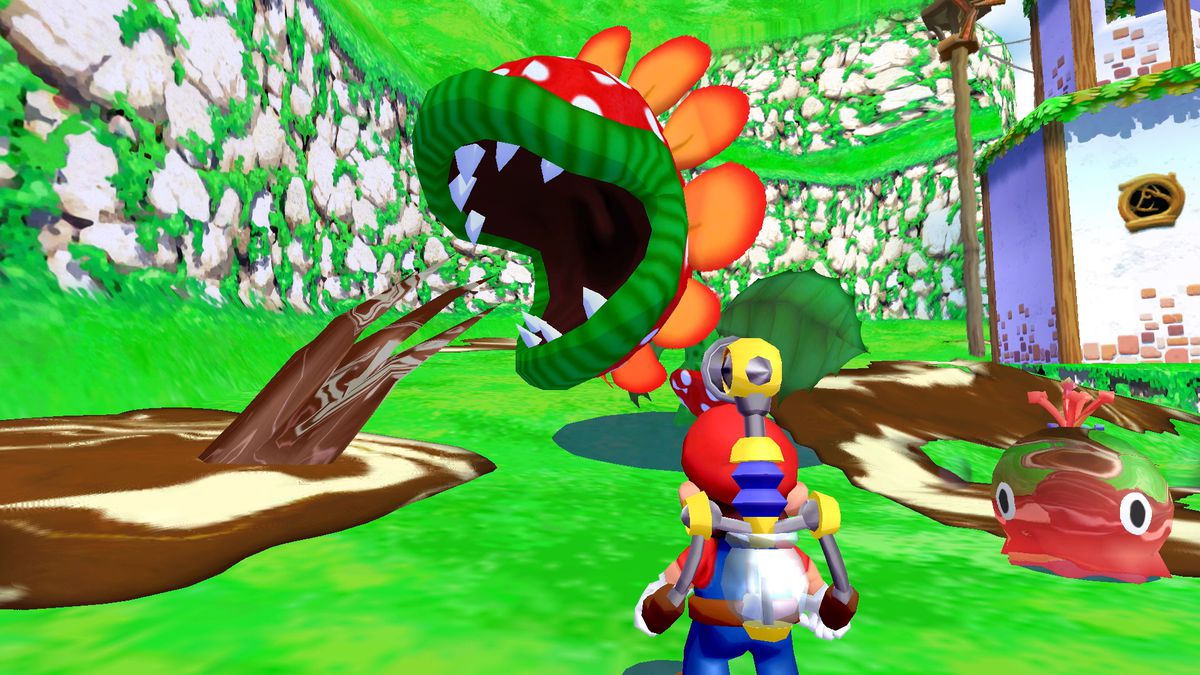 Mario faces Petey Piranha in a screenshot from Super Mario Sunshine on Nintendo Switch