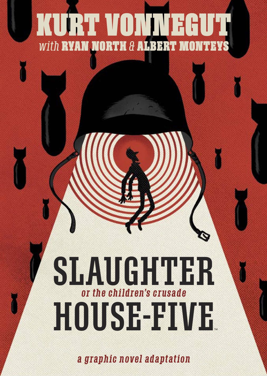 Billy Pilgrim floats upward as if in a tractor beam into a giant military helmet, as bombs rain down around him on the cover of Slaughterhouse-Five (2020).