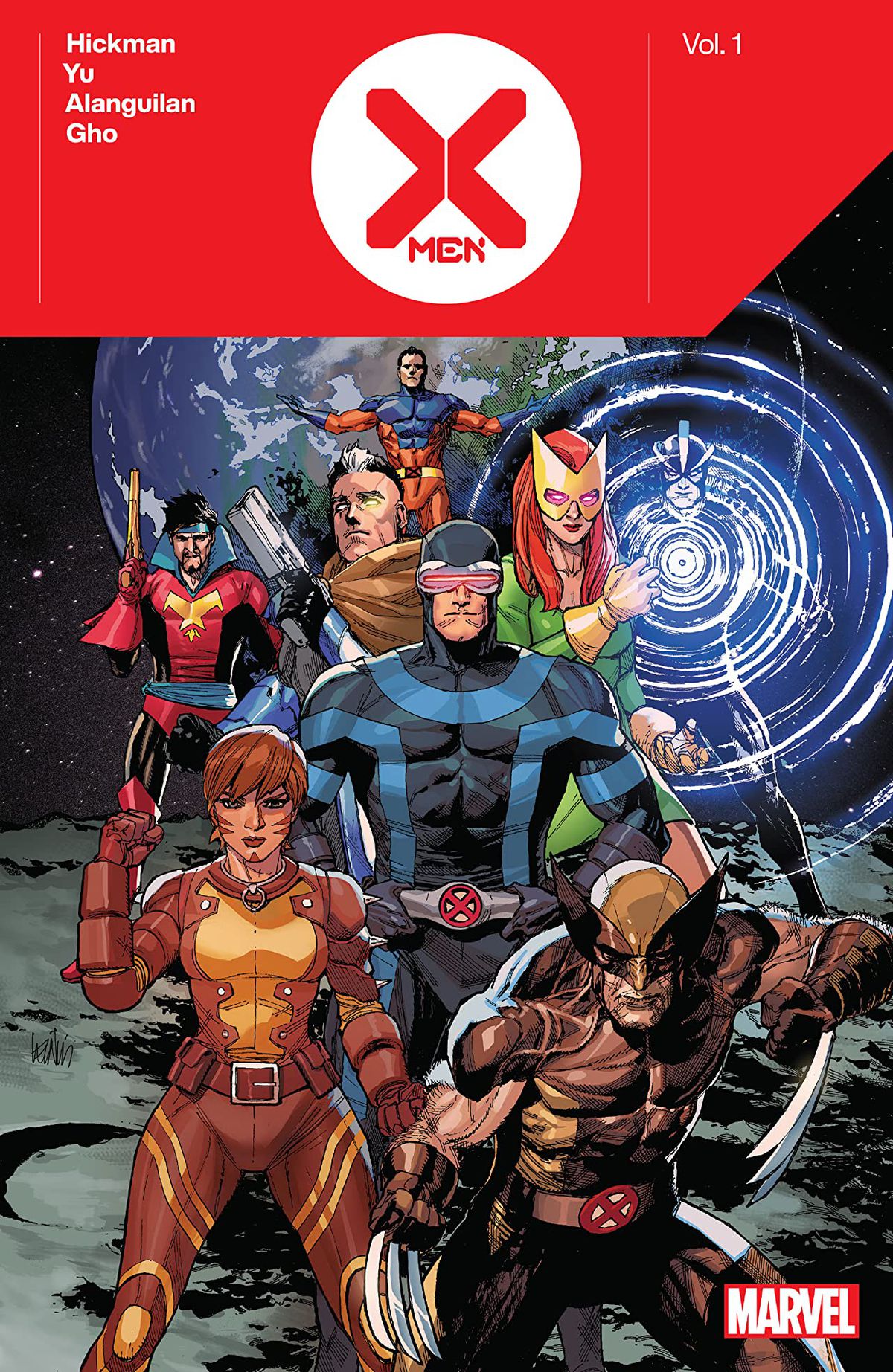 Vulcan, Corsair, Cable, Jean Grey, Havok, Cyclops, Rachel Grey, and Wolverine pose on the moon on the cover of X-Men by Jonathan Hickman Vol. 1 (2020).