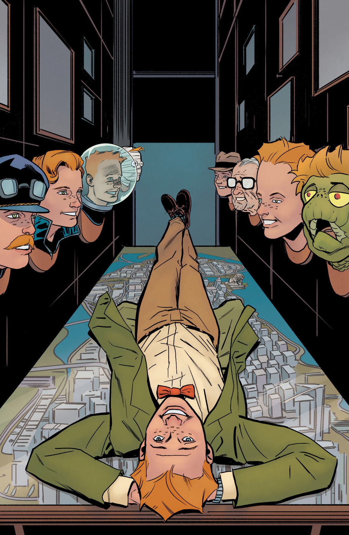 Jimmy Olsen lies supine, hands behind his smiling head on top of a map of Metropolis. He is overlooked by mounted trophy heads of himself in various disguises and transformations, on the cover of Superman’s Pal Jimmy Olsen (2020).