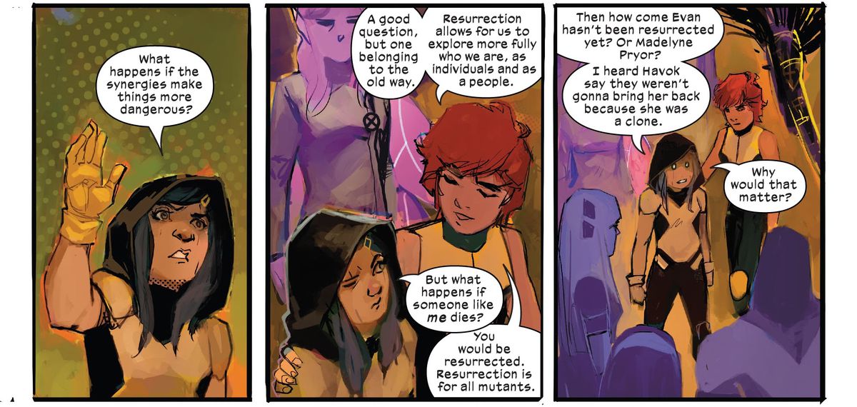 Gabby Kinney / Honey Badger, un clone di Laura Kinney / Wolverine, chiede a Wolfsbane se i cloni mutanti ottengono la resurrezione di Krakoan, in New Mutants # 14, Marvel Comics (2020). 