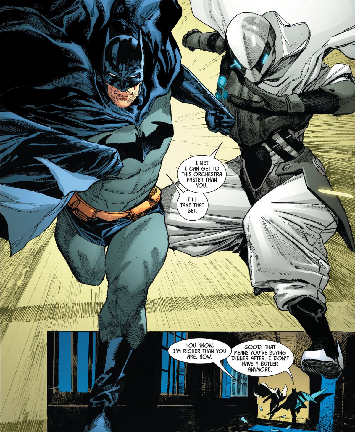 Batman e Ghost-Maker si precipitano per salvare alcuni ostaggi insieme, scherzando, in Batman # 105, DC Comics (2020). 