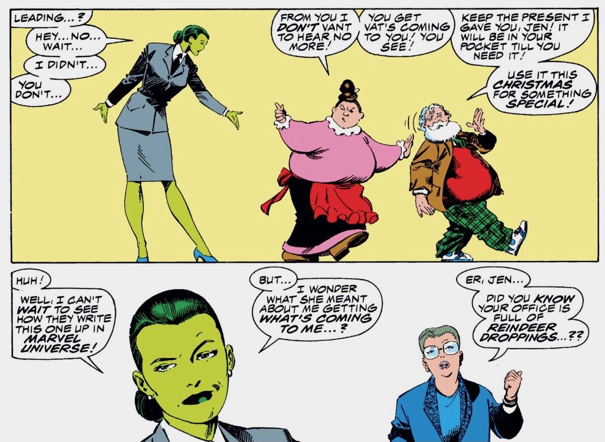 La signora Claus dà a She-Hulk una vestizione mentre accompagna Babbo Natale fuori dal suo ufficio.  