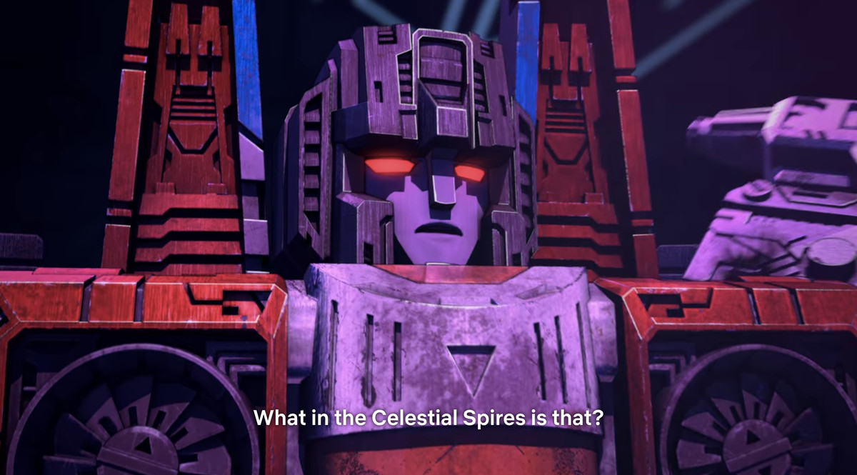 Starscream saying “What is the Celestial Spires is that?” in Transformers Earthrise