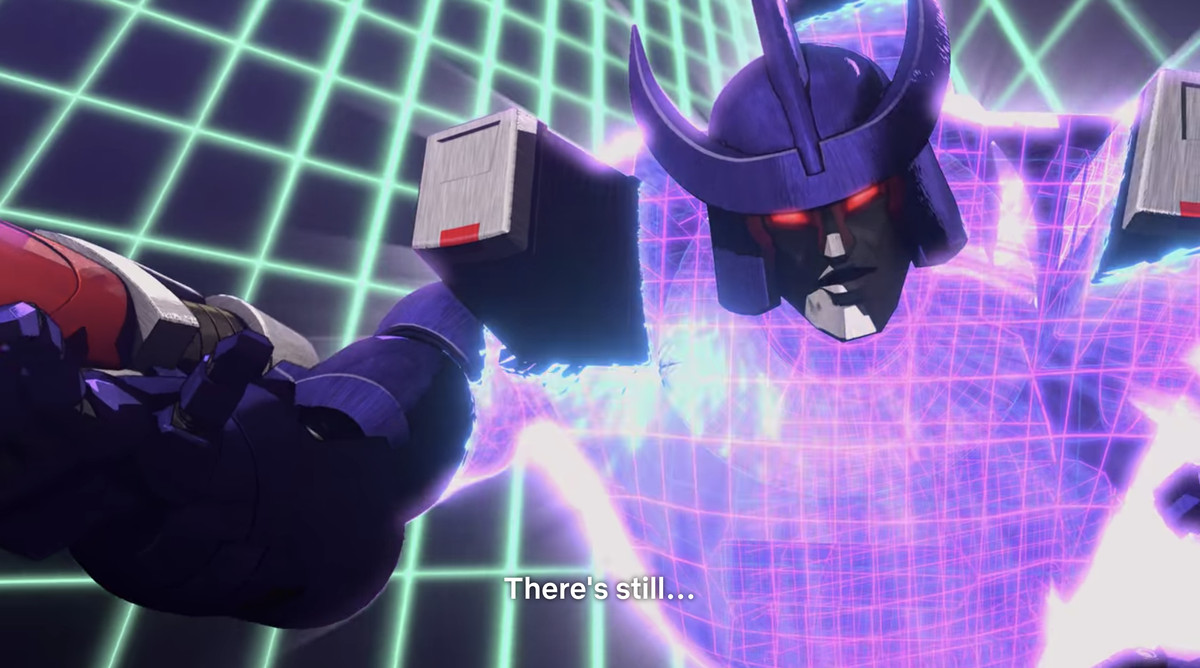 Galvatron getting sucked back through time in an 80s laser grid