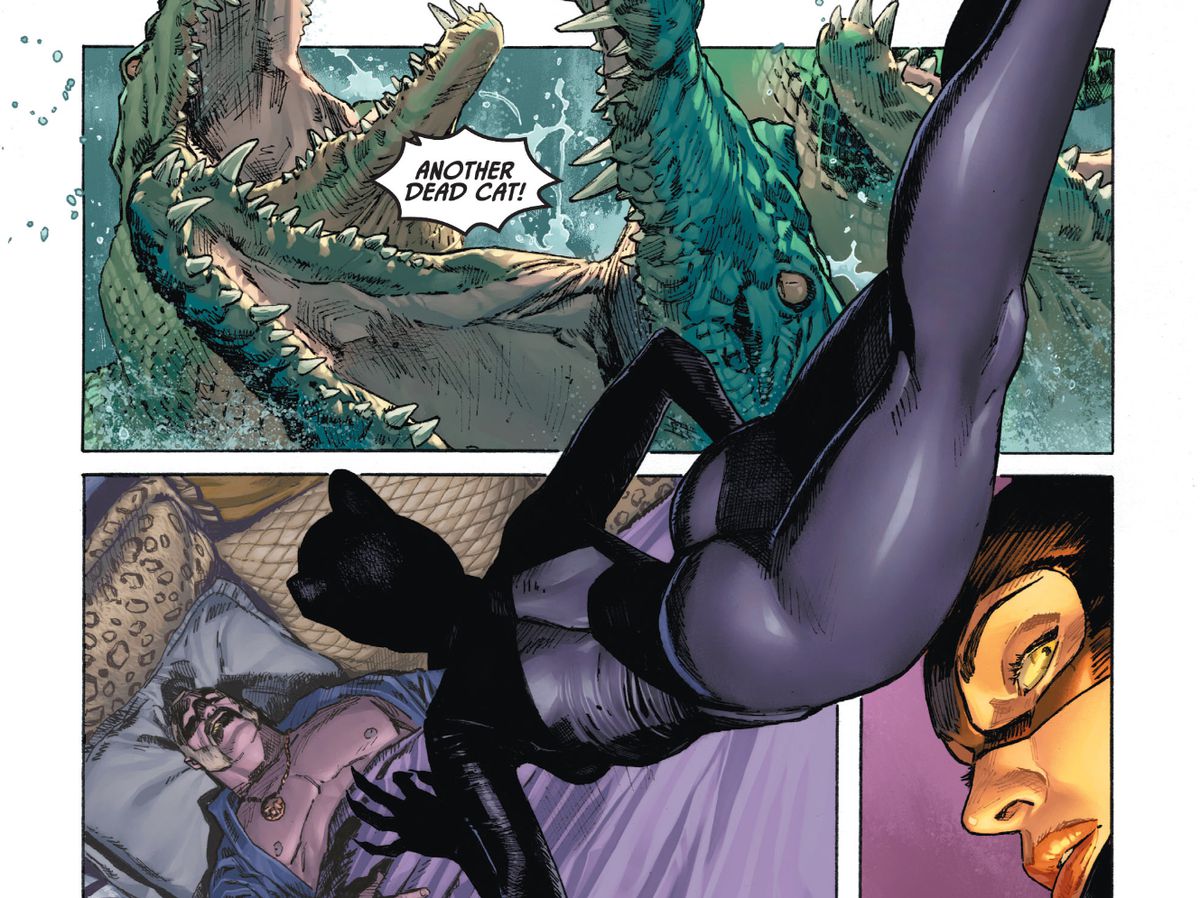 Catwoman Mission Impossibles fino a un uomo addormentato nel secondo pannello, con il suo corpo che rompe i bordi del pannello per appendere anche sospeso su un primo pannello di bocche di coccodrillo a scatto e un terzo pannello di lei che guarda oltre la sua spalla in Batman / Catwoman # 1 , DC Comics (2020). 