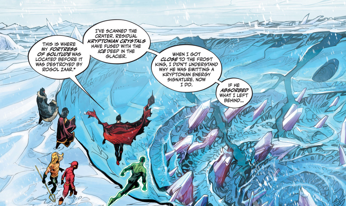 Batman, Wonder Woman, Aquaman, Flash, Lanterna Verde e Superman si trovano ai margini di un enorme sito di scavi nell'Artico.  