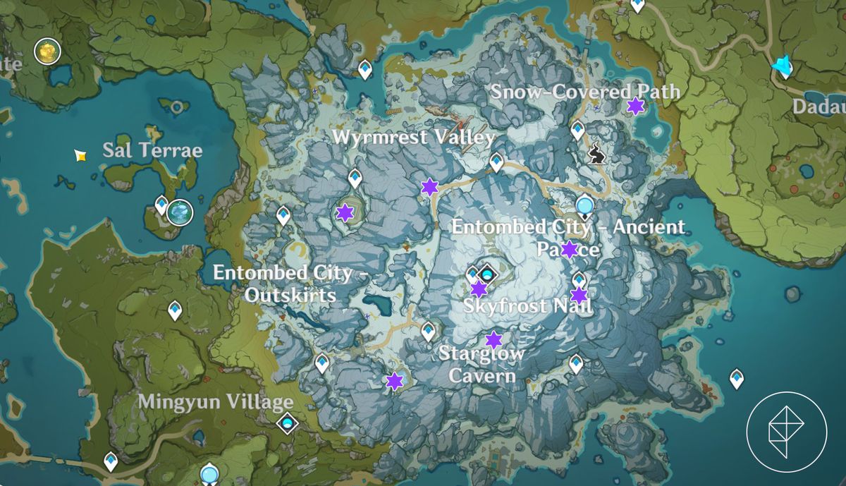 Una mappa di Dragonspine con diverse stelle che indicano dove trovare tavolette di pietra