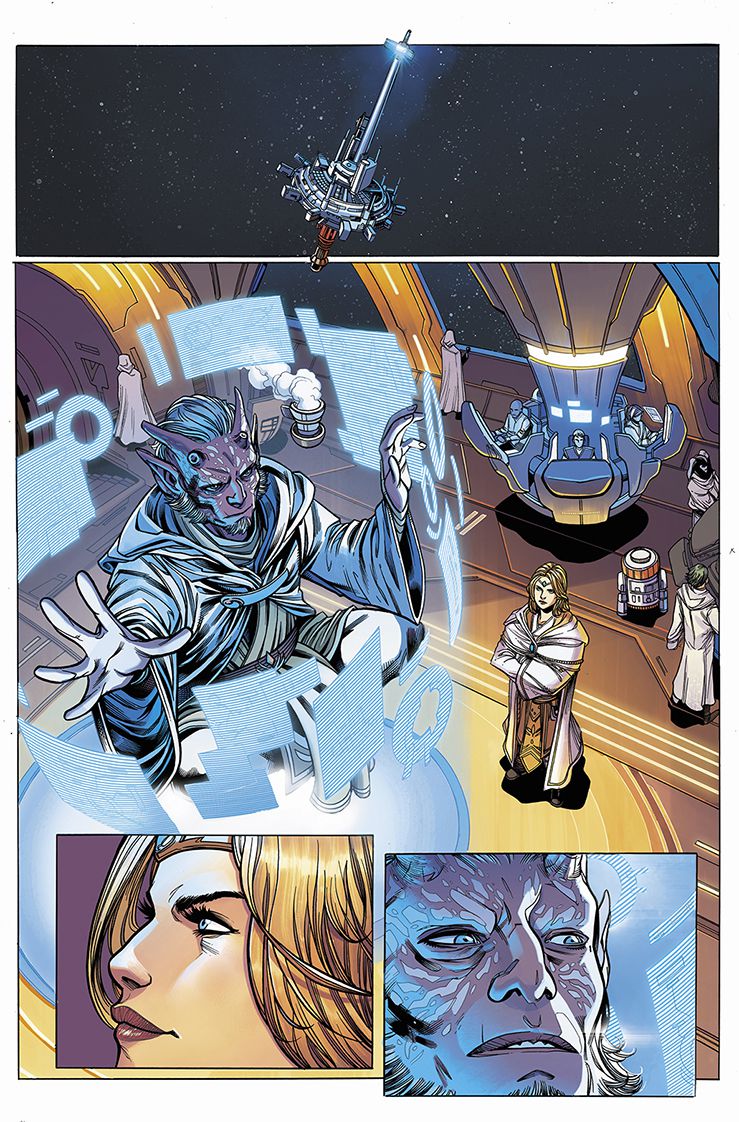 A bordo dello Starlight Beacon, Jedi Master Avar Kriss osserva il Jedi Estala Maru mentre levita e osserva dozzine di schermi di ologrammi, in Star Wars: The High Republic # 1, Marvel Comics (2021). 