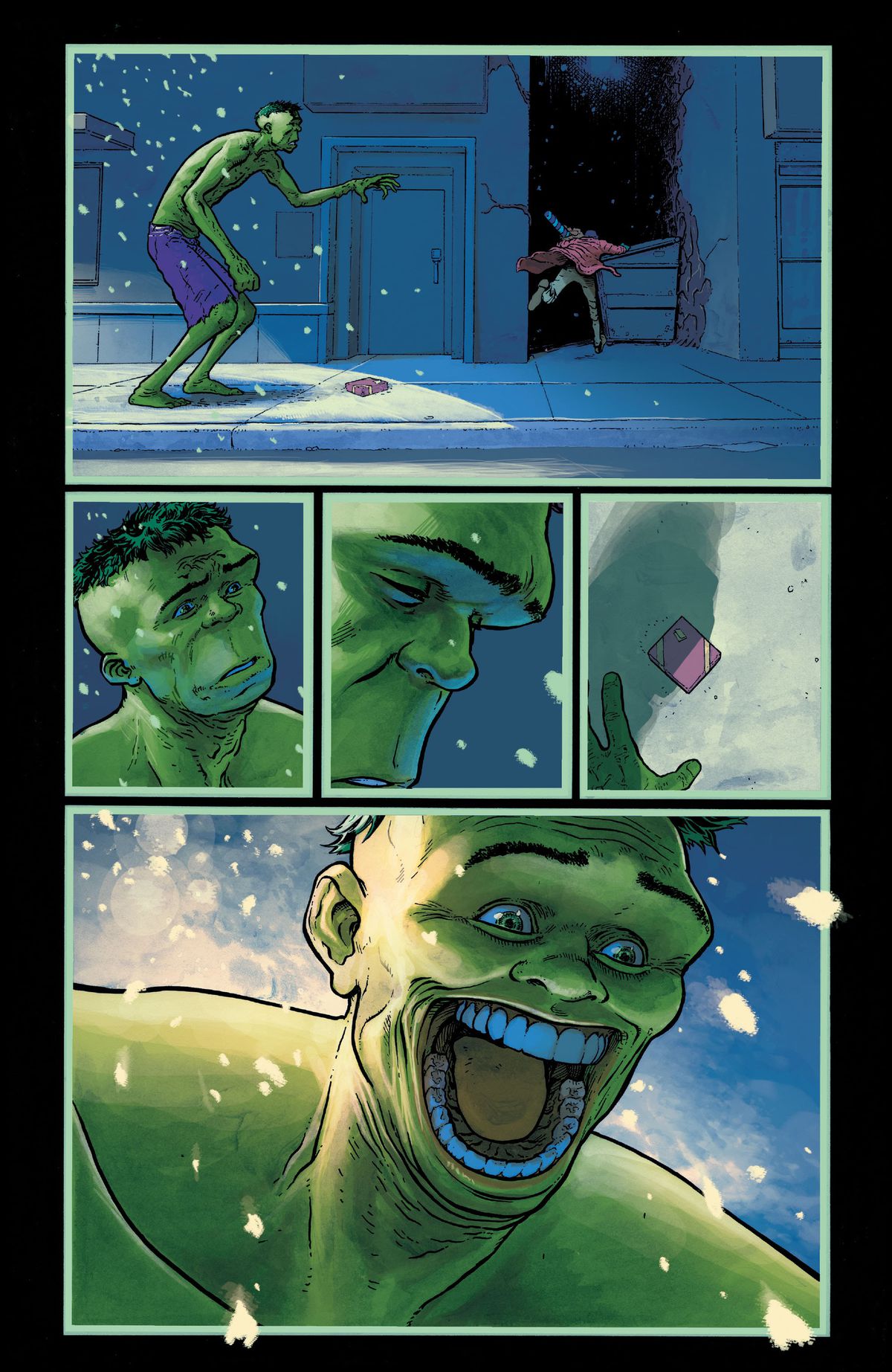 Un acquirente di Natale a tarda notte su una strada innevata di New York fugge da Hulk, lasciandosi dietro un regalo incartato.  Hulk reagisce tristemente alla paura dell'uomo, ma poi sorride enorme e grottescamente quando nota il regalo caduto, in King in Black: Immortal Hulk, Marvel Comics (2020). 