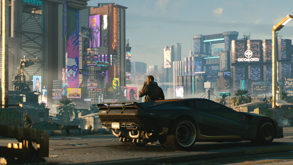 Cyberpunk 2077 - V fuma una sigaretta fuori dalla sua auto, guardando Night City