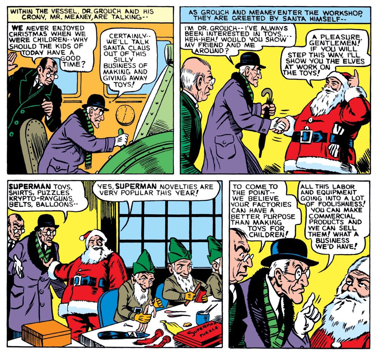Il dottor Grouch e il signor Meaney cercano di convincere Babbo Natale a non fare giocattoli in favore di oggetti più redditizi, in Superman's Christmas Adventure, DC Comics (1940)