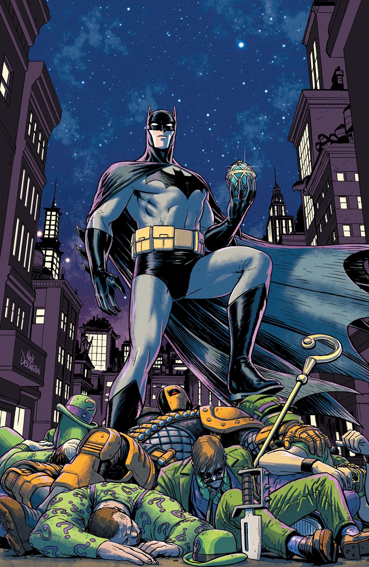 Batman stands on a pile of different people in different Riddler costumes, and Deathstroke, holding a Faberge egg in one hand, on the cover of Batman Universe (2020).