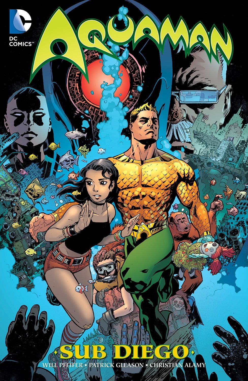 Aquaman and other characters on the cover of Aquaman: Sub Diego, DC Comics (2015). 