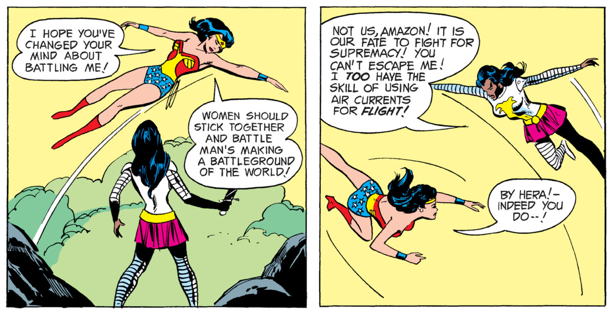Wonder Woman e Nubia volano in aria l'una intorno all'altra in Wonder Woman # 206, DC Comics (1973). 