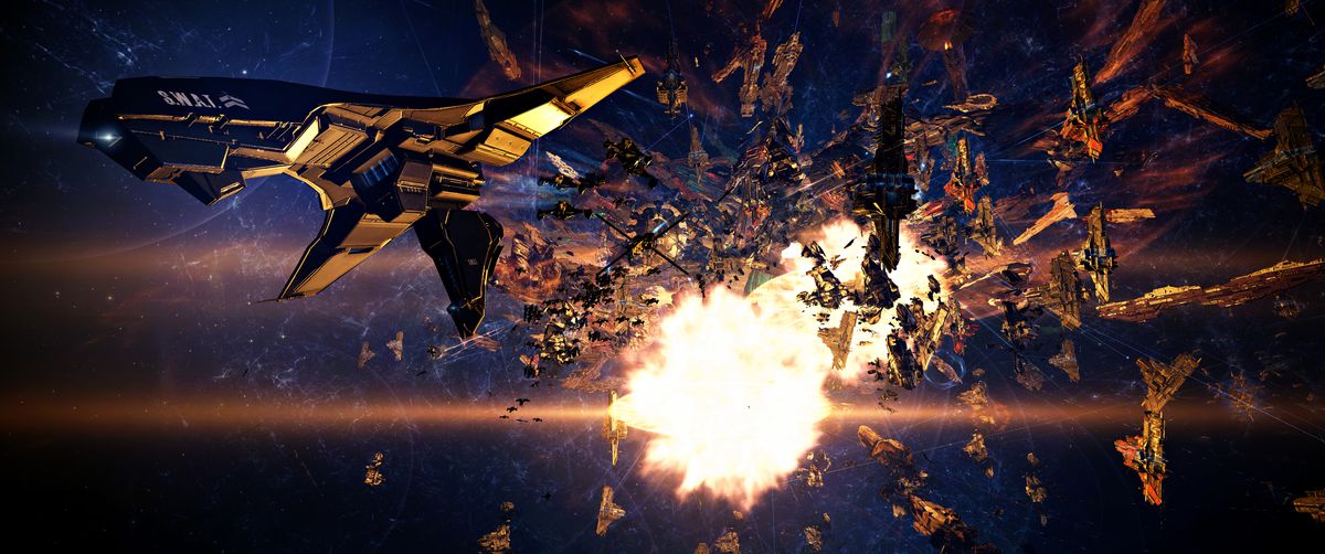 Più lontano dal centro della battaglia, una nave giocatore fugge dal raggio dell'esplosione di un titano nemico.
