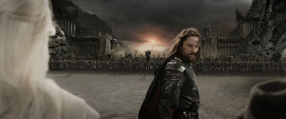 Il Signore degli Anelli: Aragorn guarda Gandalf, Legolas e le truppe prima di combattere Sauron