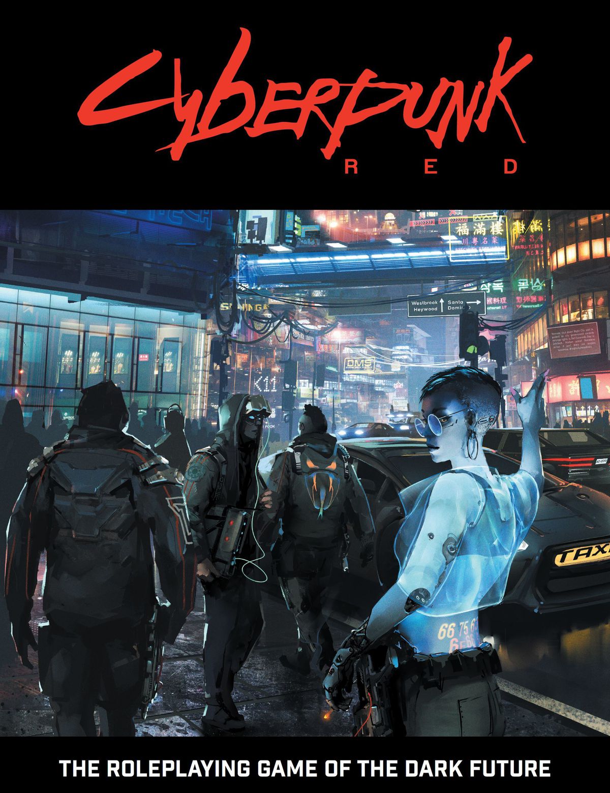 Cover art for Cyberpunk Red shows a woman haling a taxi in a futuristic city scene.