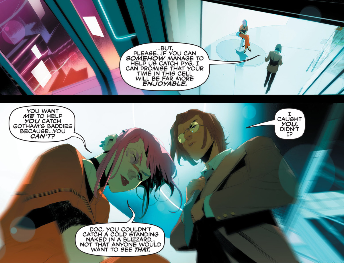 Jonathan Crane / Spaventapasseri chiede a Harley Quinn incarcerata se lo aiuterà a rintracciare gli altri cattivi di Gotham, in Future State: Harley Quinn # 1, DC Comics (2021). 