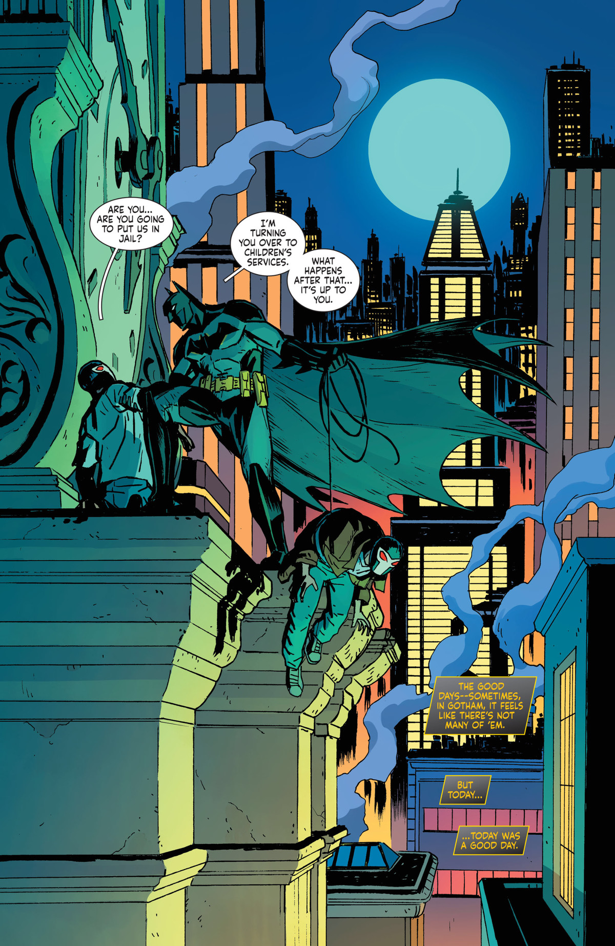 Batman cattura due membri mascherati della banda di Bane su un tetto di Gotham City.  Il vapore sale dagli edifici intorno a lui, con una luna azzurra che si profila sullo sfondo.  Gli edifici si illuminano di rosa, giallo e verde blu tutto intorno, in Future State: The Next Batman # 1, DC Comics (2021). 