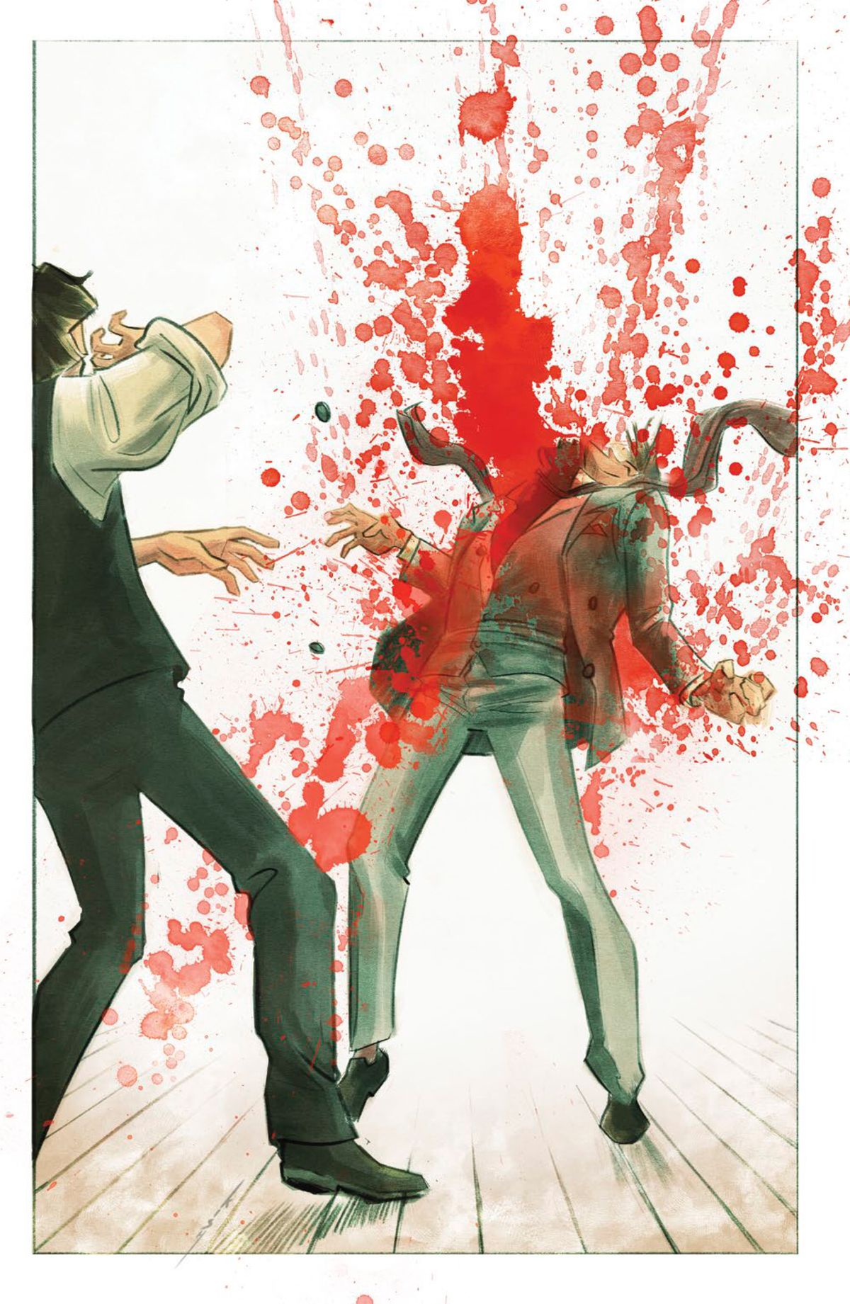 Un uomo esplode in una pioggia di sangue, come se venisse strappato a metà, in The Picture of Everything Else # 1, Vault Comics (2020). 