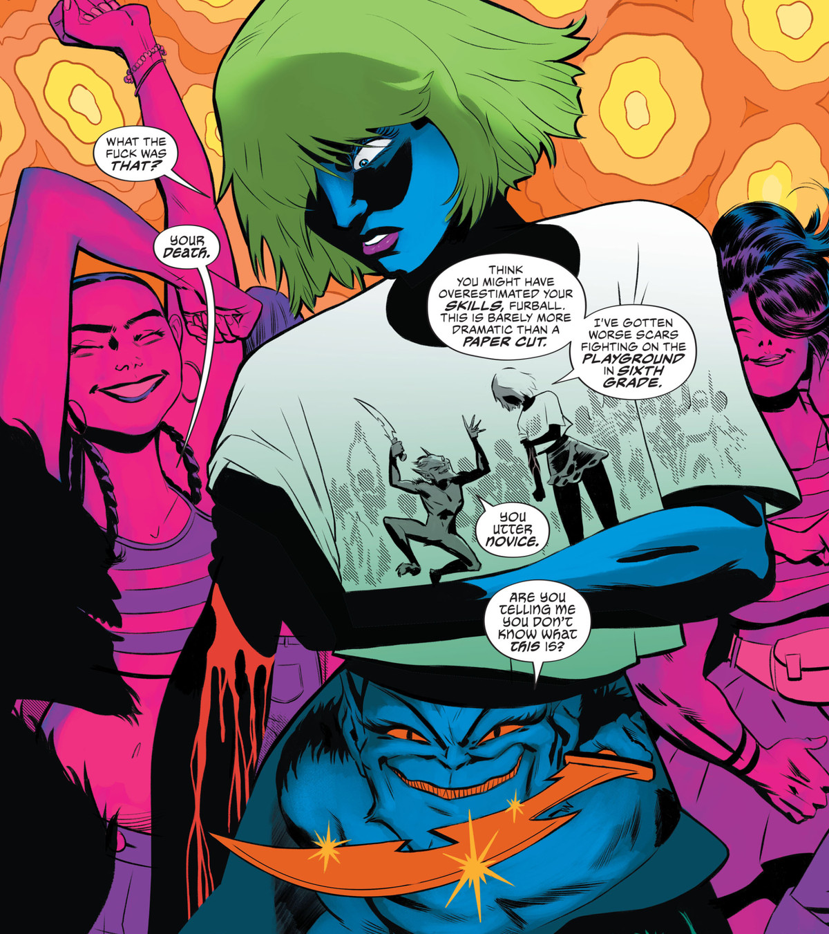 Puck spiega di aver tagliato il braccio di Heather con un pugnale vorpal, una ferita che sanguinerà fino alla sua morte, su una serie di pannelli realizzati con lo sfondo, la sua maglietta e la gonna in The Dreaming: Waking Hours # 6, DC Comics (2021) .