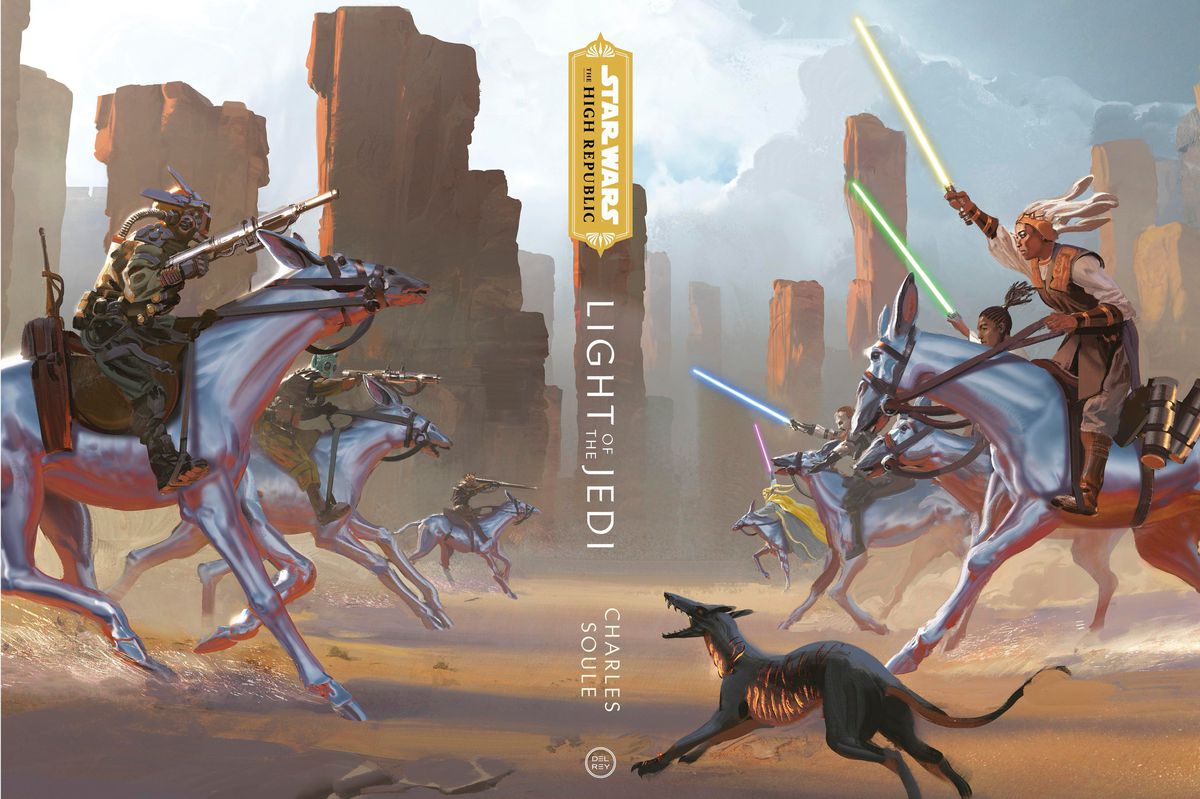 Light of the Jedi special edition cover of jedi on horseback riding into battles with lightsabers in the air