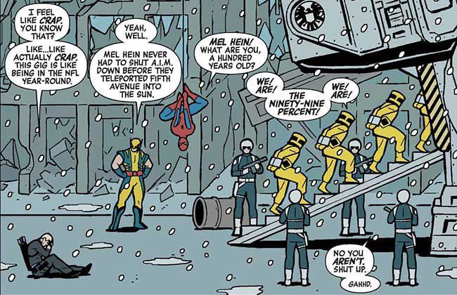 Occhio di Falco, Wolverine e Spider-Man chiacchierano mentre gli scagnozzi dell'AIM sconfitti, nei loro abiti ignifughi gialli simili a un apicoltore, vengono condotti su un trasporto dagli agenti SHIELD in Occhio di Falco, Marvel Comics. 